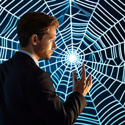 Home 4 A focused, professional entrepreneur, male or female, thoughtfully navigating a complex, interconnected network. Dressed in a modest, dark professional business suit with a crisp shirt, fully clothed, appropriate attire. The background features an abstract, digital spiderweb-like structure with glowing nodes, symbolizing an intricate angel investment ecosystem map. Soft, professional lighting. High-resolution, professional photography, perfect anatomy, correct proportions, natural pose, well-formed hands, proper finger count, natural body proportions, crisp focus, clear detail, safe for work, appropriate content, fully clothed, professional.