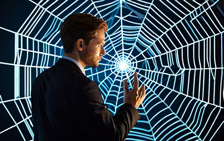 A focused, professional entrepreneur, male or female, thoughtfully navigating a complex, interconnected network. Dressed in a modest, dark professional business suit with a crisp shirt, fully clothed, appropriate attire. The background features an abstract, digital spiderweb-like structure with glowing nodes, symbolizing an intricate angel investment ecosystem map. Soft, professional lighting. High-resolution, professional photography, perfect anatomy, correct proportions, natural pose, well-formed hands, proper finger count, natural body proportions, crisp focus, clear detail, safe for work, appropriate content, fully clothed, professional.